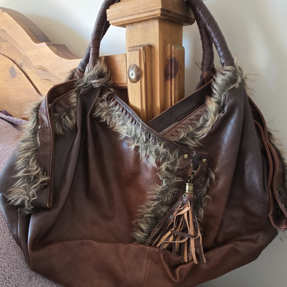 Jessica Simpson Brown Hobo Bag with Fur Trim